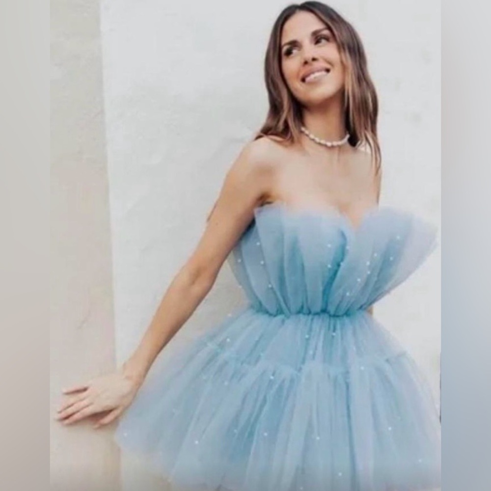UNTAMED PETALS BY AMANDA JUDGE Light Blue Mini Dress, large, brand new w/tags